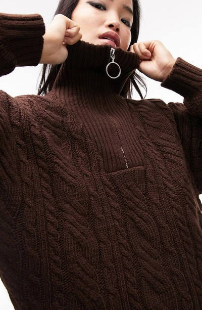 Shop Topshop Oversize Cable Knit Half Zip Sweater In Chocolate