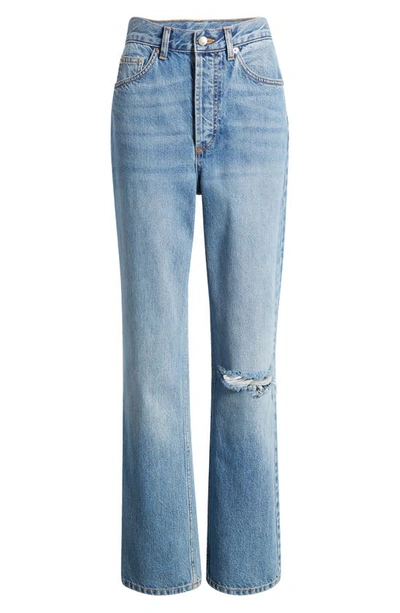 Shop Topshop Kort Ripped Knee Straight Leg Jeans In Mid Blue