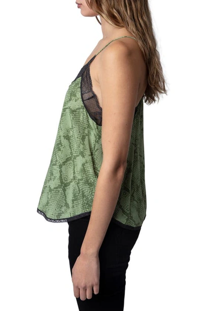 Zadig & Voltaire Christy Python Print Lace Edge Camisole In Kaki