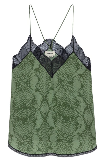 Zadig & Voltaire Christy Python Print Lace Edge Camisole In Kaki