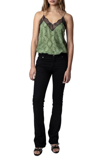 Zadig & Voltaire Christy Python Print Lace Edge Camisole In Kaki
