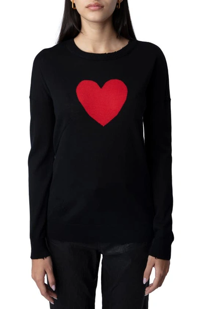Zadig & Voltaire Gaby Intarsia Heart Wool Crewneck Sweater In Noir