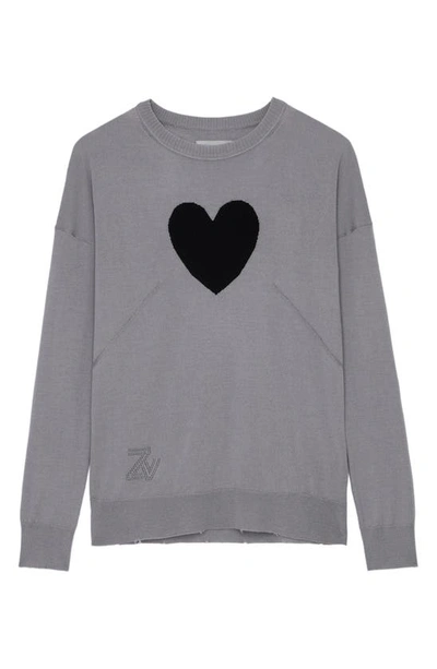 Zadig & Voltaire Gaby Intarsia Heart Wool Crewneck Sweater In Gris Chine