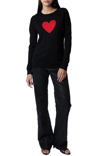 Zadig & Voltaire Gaby Intarsia Heart Wool Crewneck Sweater In Noir