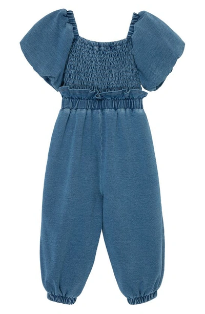 Shop Habitual Puff Sleeve Indigo Knit Jumpsuit In Med Stone