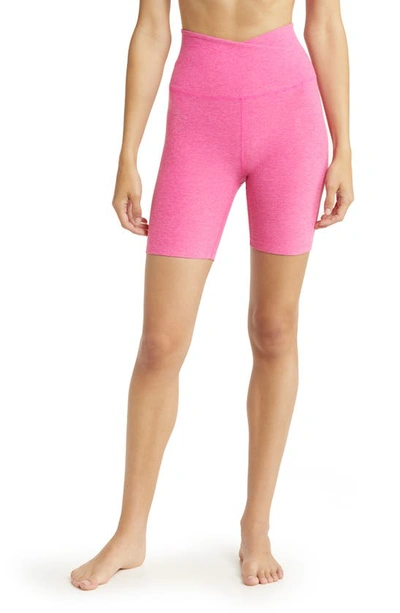 Shop Beyond Yoga At Your Leisure Space Dye High Waist Bike Shorts In Deep Pink Heather