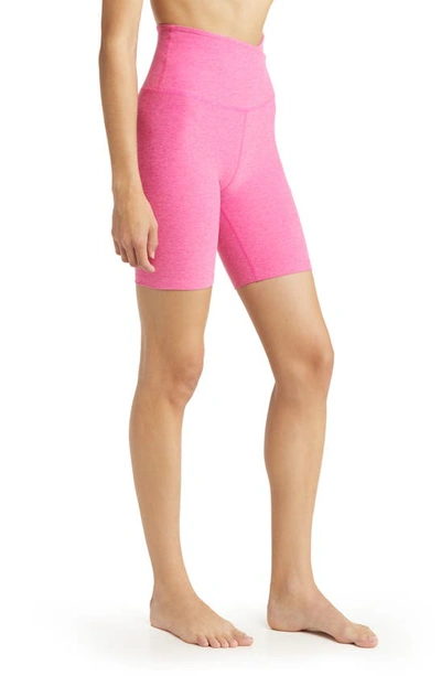 Shop Beyond Yoga At Your Leisure Space Dye High Waist Bike Shorts In Deep Pink Heather