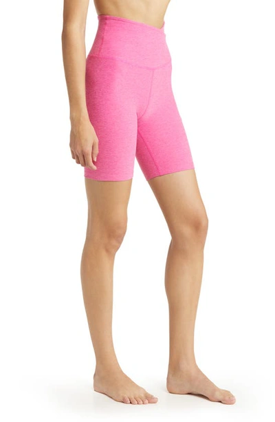 Beyond Yoga At Your Leisure Stretch Tech Bike Shorts In Deep Pink Heather