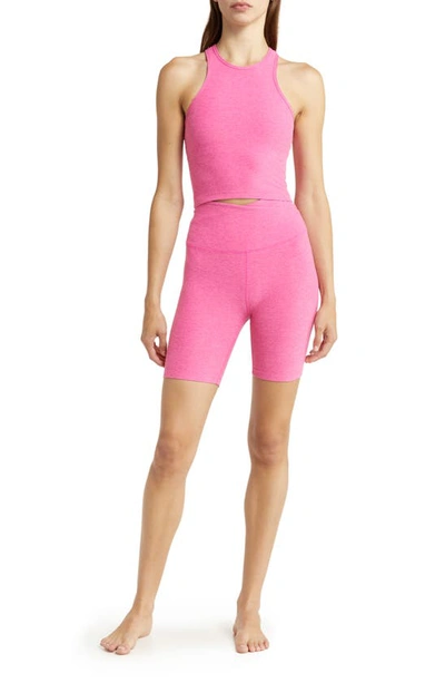 Beyond Yoga At Your Leisure Stretch Tech Bike Shorts In Deep Pink Heather