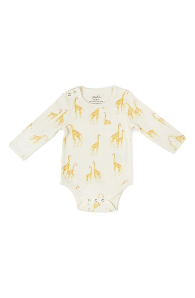 Shop Pehr Follow Me Giraffe Print Organic Cotton Bodysuit In Yellow