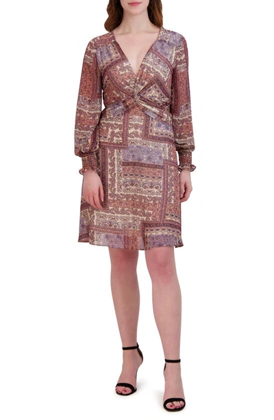 Shop Julia Jordan Patchwork Print Long Sleeve Minidress In Brown Multi