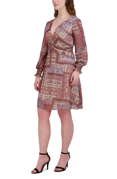 Shop Julia Jordan Patchwork Print Long Sleeve Minidress In Brown Multi