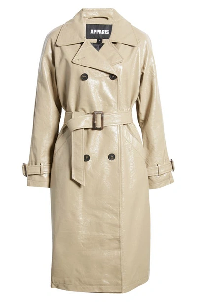 Shop Apparis Double Breasted Faux Leather Trench Coat In Nougat