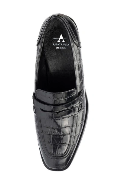 Shop Aquatalia Riya Croc Embossed Penny Loafer In Black