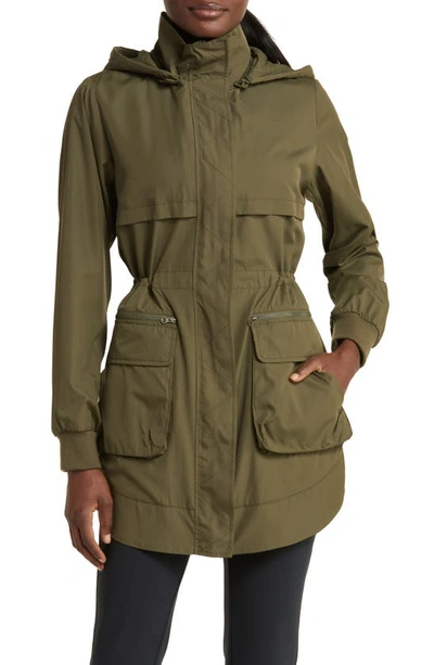 Shop Zella Water Resistant Rain Jacket In Olive Night