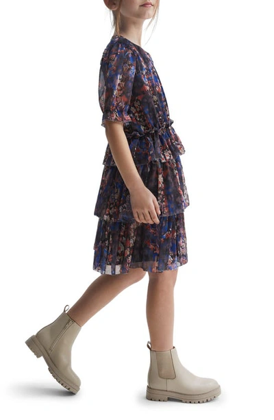 Shop Reiss Kids' Henrietta Floral Tiered Chiffon Dress In Navy Print