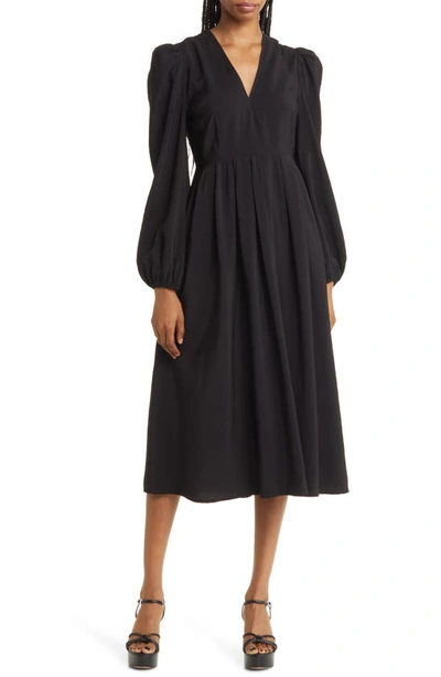 Shop Chelsea28 Pleated Puff Shoulder Long Sleeve Midi Dress In Black