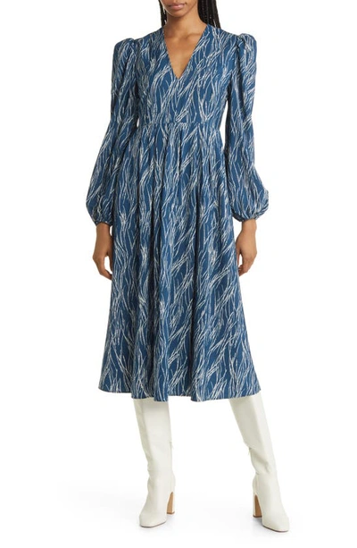 Shop Chelsea28 Pleated Puff Shoulder Long Sleeve Midi Dress In Blue- Ivory Celeste Stripe