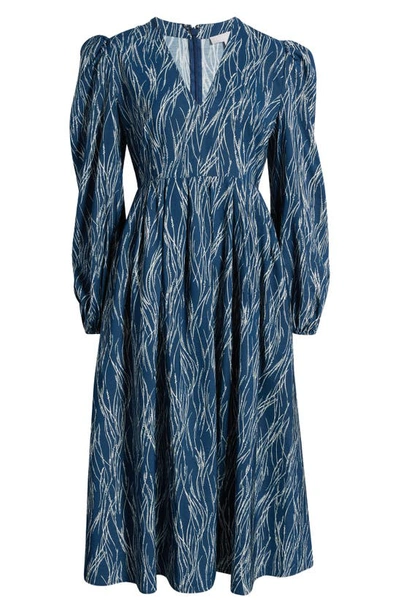 Shop Chelsea28 Pleated Puff Shoulder Long Sleeve Midi Dress In Blue- Ivory Celeste Stripe
