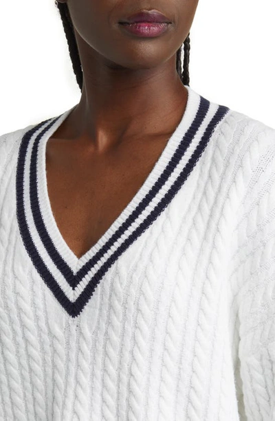 Shop French Connection Babysoft V-neck Cable Knit Sweater In Winter White/ Duchess Blue