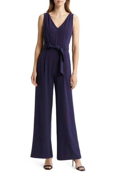 Shop Tahari Asl Tie Waist Sleeveless Crepe Jumpsuit In Midnight Navy