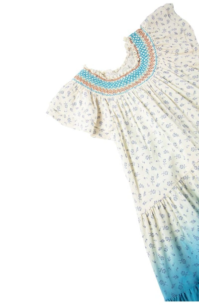 Shop Peek Aren't You Curious Kids' Floral Smocked Tiered Dip Dye Dress In Blue/ Ivory Print