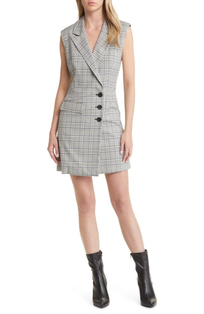 Open Edit Plaid Side Button Blazer Dress In Black- Blue Poly Check