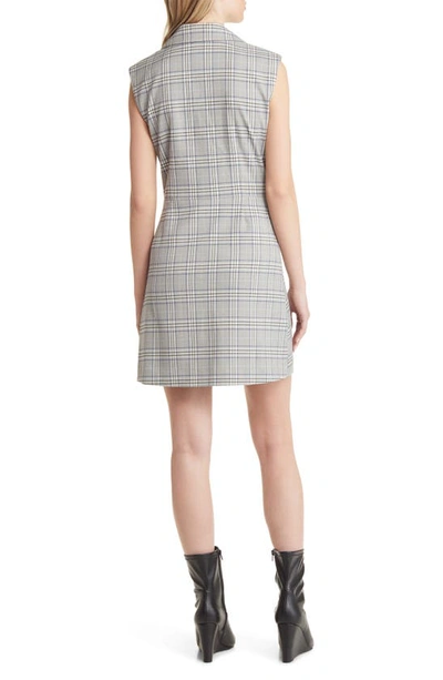 Open Edit Plaid Side Button Blazer Dress In Black- Blue Poly Check