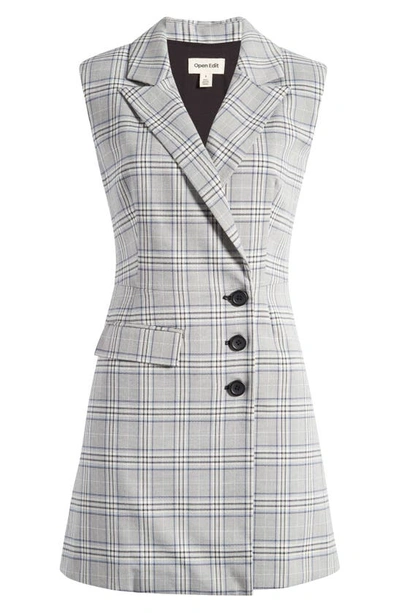 Open Edit Plaid Side Button Blazer Dress In Black- Blue Poly Check
