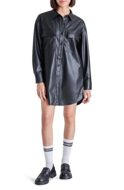 Shop Steve Madden Oversize Faux Leather Mini Shirtdress In Black