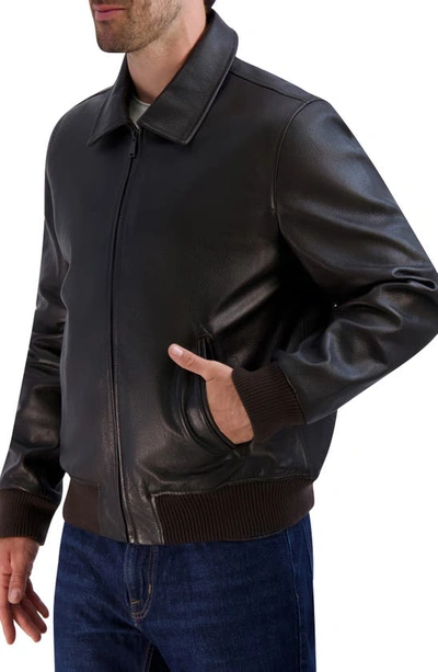 Shop Cole Haan Leather Bomber Jacket In Brown