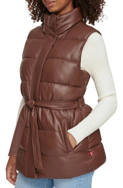 Levi's 361™ Belted Water Resistant Faux Leather Puffer Vest In Chocolate Brown