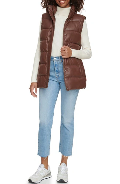 Levi's 361™ Belted Water Resistant Faux Leather Puffer Vest In Chocolate Brown