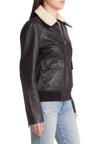 Shop Treasure & Bond Leather Bomber Jacket With Removable Faux Shearling Trim In Black