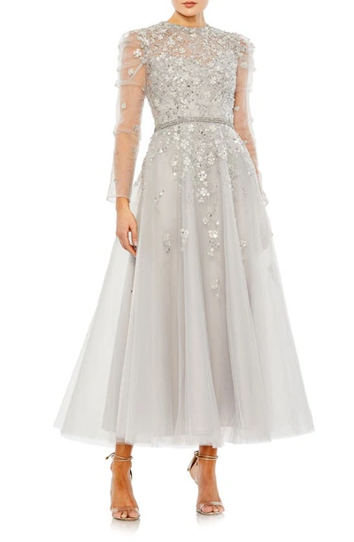 Shop Mac Duggal Beaded Floral Appliqué Long Sleeve Cocktail Dress In Platinum