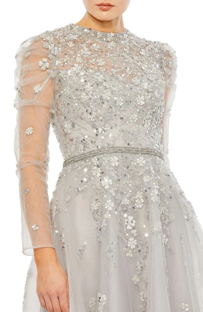 Shop Mac Duggal Beaded Floral Appliqué Long Sleeve Cocktail Dress In Platinum