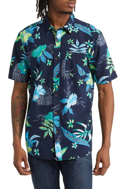 Shop Volcom Sunriser Classic Fit Floral Short Sleeve Button-up Shirt In Navy