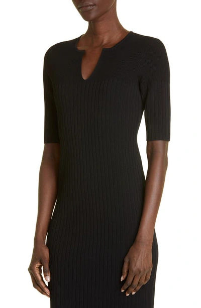 St John Short Sleeve Rib Knit Sweater Dress In Black