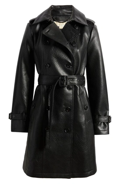 Michael Michael Kors Double Breasted Faux Leather Coat In Black
