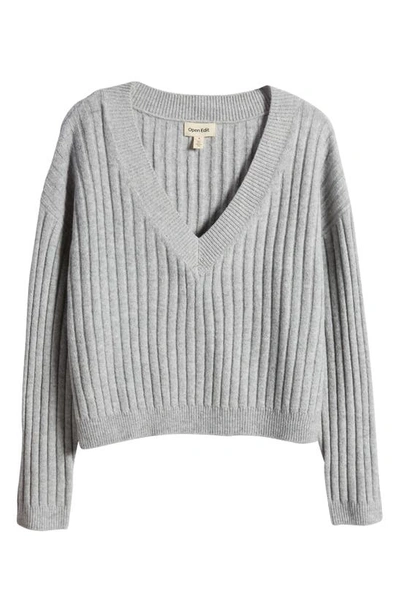 Open Edit V-neck Rib Sweater In Grey Heather
