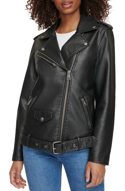 Shop Levi's Longline Belted Faux Leather Moto Jacket In Black