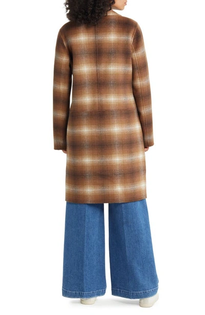 Shop Michael Michael Kors Notched Collar Longline Wool Blend Coat In Dk Camel Combo Plaid