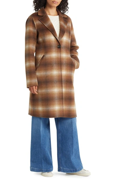 Shop Michael Michael Kors Notched Collar Longline Wool Blend Coat In Dk Camel Combo Plaid