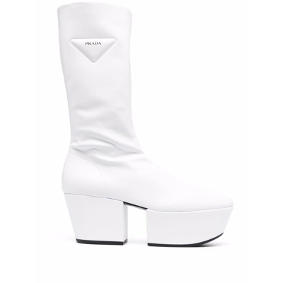 Prada Triangle Logo Platform Sole Boots In White