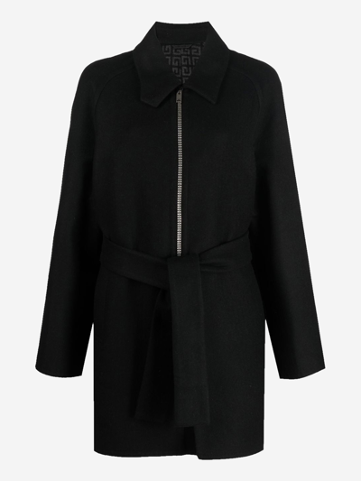 Givenchy Double Face Wool Blend Belted Zip Coat In Black