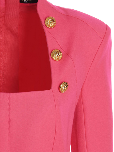 Balmain Embellished Pleated Wool Mini Dress In Purple