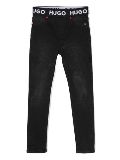 Shop Hugo Logo-waistband Straight-leg Jeans In Black