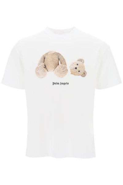 Shop Palm Angels Curved Logo Bear T-shirt In White Brown (white)