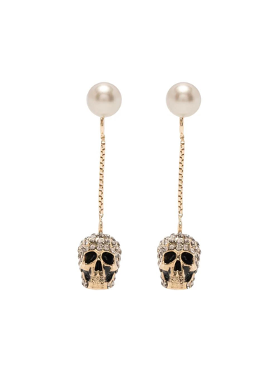Shop Alexander Mcqueen Palladium Gold Skull Earrings With Pavé And Chain In Oro