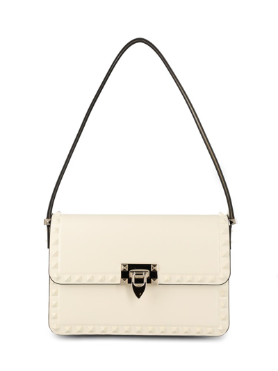 Shop Valentino Garavani Rockstud23 Foldover Top Shoulder Bag In White